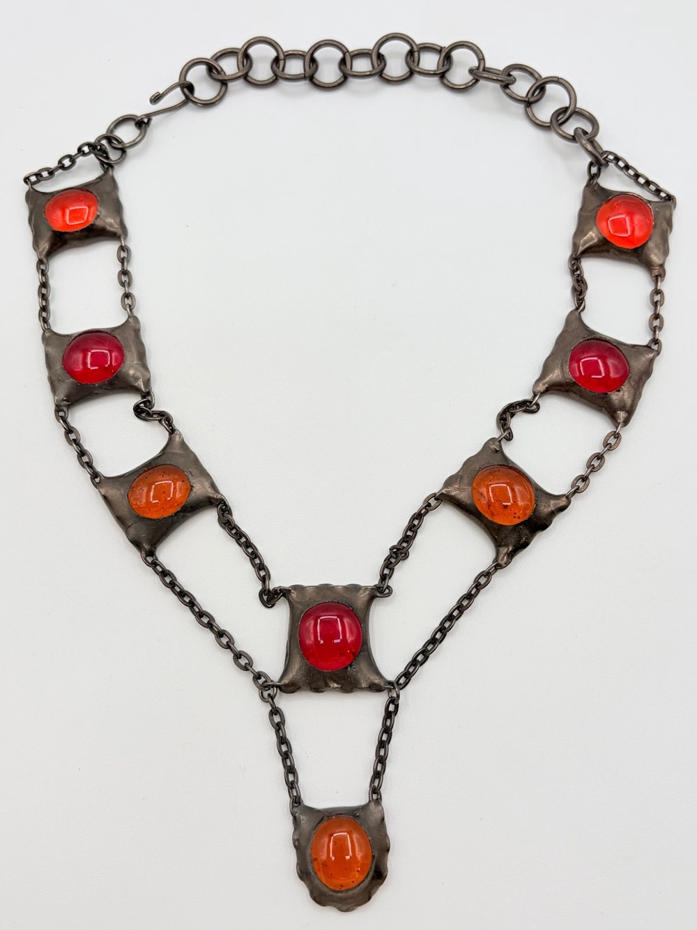 Vintage Silver Tone Red Orange Cabochon Statement Choker Necklace